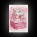 Floral stackable decorative boxes framed canvas print chic boho decor whimsical rustic art idea cozy wall decor charming bedroom addition