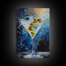 Elegant Olive Martini Framed Canvas Print with Vibrant Cocktail Art for Living Room or Kitchen, Rustic Home Decor