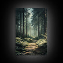 Forest Path Landscape Framed Canvas Print with Pine Tree Art, Rustic Decor and Serene Nature Above Sofa Artwork