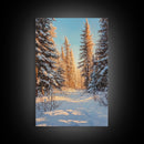 Winter Wonderland Framed Canvas Print, Snowy Forest Landscape Painting with Pine Tree Art, Cozy Rustic Wall Decor