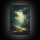 Forest at Dusk Framed Canvas Print with Moody Dark Romance Painting, Fall-Inspired Smoky Mountain Art Perfect Above Bed Wall Decor