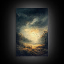 Landscape Painting Framed Canvas Print Featuring Sunset Over Autumn Forest with Dark Romantic Smoky Mountain Art and Rustic Decor