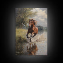 Splashed Stallion Crossing Water Framed Canvas Print Vintage Horse Art Rustic Wall Art Living Room Gift Idea Boho Style
