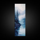 Foggy River, landscape painting, lake Tahoe art, blue and green wall art, pine tree art, zen wall art, Framed Canvas Print, bedroom art