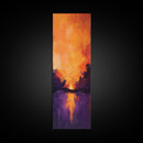 Fiery Sunset Reflection, mountain painting, moody art, forest at dusk painting, pine tree art, framed canvas print, vertical wall art