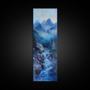 Waterfall Mountain, landscape painting, mountain painting, blue and green wall art, coastal decor, framed canvas print