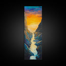 Sunset River, mountain painting, vertical wall art, nature art, framed canvas print, above sofa art, extra wide art, rustic decor