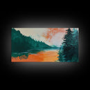 Forest Lake, pine tree art, landscape painting, rustic wall art, autumn painting, extra wide art, wabi sabi art, Framed Canvas Print