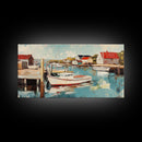 Harbor Boats, Nantucket painting, coastal painting, nautical wall art, fisherman painting, framed canvas print, extra wide art