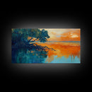 Mangrove Sunset Painting, coastal landscape art, blue and green wall art, seascape painting, nautical wall art, framed canvas print
