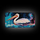Bird art, pelican painting, framed canvas print, coastal decor, extra wide art, tropical painting, colorful abstract wall art