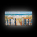 Beach Fence, coastal painting, framed canvas print, nautical decor, seascape painting, blue and green wall art, extra wide art