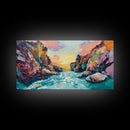 Coastal Canyon Sunset, panoramic painting, extra wide art, framed canvas print, seascape painting, southwest wall art