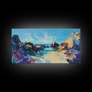 Rocky Seascape Panorama, framed canvas print, extra wide art, seascape painting, above couch art, nautical painting