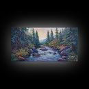 Forest River Scene, pine tree art, mountain painting, landscape painting, smoky mountain art, rustic decor, Framed Canvas Print