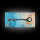 Rustic Key Painting, teal wall art, farmhouse art, coastal decor, framed canvas print, wabi sabi art, extra wide art, moody art