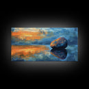 Zen Stone Reflection, moody art, minimalist art, coastal painting, blue and green wall art, extra wide art, canvas print
