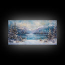 Lake Tahoe Art, Snowy Landscape, Winter Cabin Decor, Framed Canvas Print, Blue and Green Wall Art, Horizontal Wall Art
