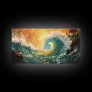 Golden Wave, surf wall art, seascape painting, coastal decor, nautical wall art, beach house decor, panoramic art, Canvas Print