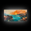 Sunset Seascape, Framed Canvas Print, coastal landscape art, panoramic painting, extra wide painting, above bed art, ocean wall art