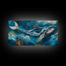 Blue whale, ocean waves, Canvas Print, whale painting, nautical decor, coastal wall art, seascape painting, extra wide art