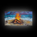 Beach bonfire, coastal decor, surf wall art, nautical painting, ocean fire, rustic wall art, horizontal wall art, canvas print, seascape
