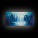 Majestic Waterfall, moody art, blue and green wall art, landscape painting, wabi sabi art, Framed Canvas Print, nature inspired art