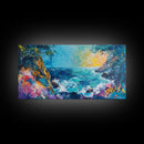 Coastal Cliff, vibrant ocean painting, surf wall art, Hawaii art, seascape painting, colorful beach art, Framed Canvas Print, extra wide art