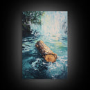 Log in Water, Forest at Dusk Painting, Rustic Nature Scene, Moody Wall Art, Blue and Green Decor, Framed Canvas Print