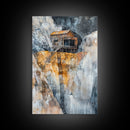 Rustic Cabin on Cliff, barn landscape painting, rustic art, farmhouse art, wabi sabi art, vintage horse art, Framed Canvas Print