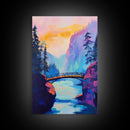 Vibrant Mountain Bridge, pink orange wall art, forest at dusk painting, landscape painting, above bed wall art, Canvas Print