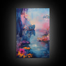 Dreamy Lake Scene, pink abstract art, blue and green wall art, moody art, vertical wall art, framed canvas print, living room art