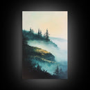Foggy Mountains, mountain painting, smoky mountain art, pine tree art, forest at dusk painting, Framed Canvas Print, bedroom art