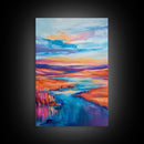 Vibrant River, landscape painting, wabi sabi art, coastal landscape art, Canvas Print, horizontal wall art, panoramic art, farmhouse art