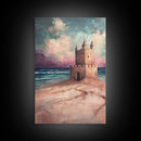 Fantasy Castle Framed Canvas Print Dreamy Coastal Art, Whimsical Beach Painting, Living Room Wall Decor, Pastel Ocean Landscape