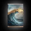 Majestic Ocean Wave Canvas Print Abstract Coastal Art, Gold and Blue Beach Wall Decor, Surfing Aesthetic, Living Room Accent