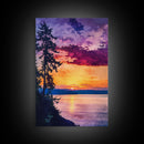 Serene Lakeside Sunset Canvas Print, Nature Wall Art, Water Reflection Painting, Tranquil Landscape Art, Peaceful Home Decor, Bedroom Art