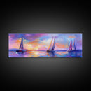 Sailboats at Sunset Framed Canvas Print Nautical Wall Art, Vibrant Ocean Painting, Coastal Home Decor, Large Living Room Artwork