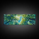 Sunlit Forest Framed Canvas Print Vibrant Nature Wall Art, Green Tree Canopy Painting, Bright Boho Decor, Botanical Living Room Art
