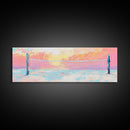 Sunset Beach Volleyball Painting, Pastel Ocean Sports Art, Fun Summer Wall Decor, Playful Living Room, Framed Canvas Print