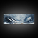 Moody Winter Mountains Framed Canvas Print Dark Landscape Painting Snowy Peaks Rustic Cabin Wall Art Lodge Decor Adventure Gift