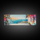 Mediterranean Patio Framed Canvas Print, Coastal Landscape Wall Art, Romantic Seaside Painting, Dining Room Decor, Boho Art