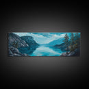 Tranquil Lake Landscape Wall Art, Blue Nature Painting, Rustic Lodge Decor, Large Wide Artwork, Living Room Wall Art