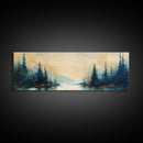 Misty Forest Landscape Wall Art, Blue and Gold Nature Painting, Rustic Cabin Decor, Cozy Woodland Art, Fall Living Room Artwork
