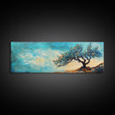 Windswept Tree Landscape Wall Art, Minimalist Nature Painting, Serene Sky Artwork, Zen Meditation Room Decor, Earthy Tones