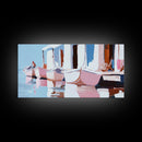 Docked Boats, Nautical Coastal Art, Mediterranean Harbor Scene, Framed Canvas Print, Beach House Wall Decor, Nautical Home Art