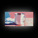 Enamel Mug, Rustic Kitchen, Framed Canvas Print, Minimalist Still Life, Vintage Aesthetic, Cozy Wall Art, Soft Pastel Painting