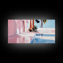 Pink Villa, Poolside View, Tropical Retreat, Canvas Print, Mediterranean Art, Vacation Home Decor, Palm Tree Wall Art, Resort Aesthetic