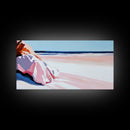 Woman in Pink, Beachside Relaxation, Canvas Print, Summer Aesthetic, Feminine Wall Art, Minimalist Seascape, Pastel Color Palette