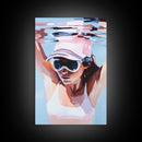 Woman swimming, Coastal Serenity Art, Framed Canvas Print, Modern Beach House Decor, Soft Pastel Seascape, Minimalist Landscape Painting